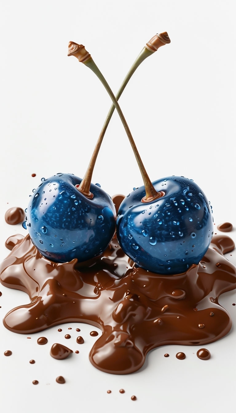 Neon Blue Cherries Glimmering on Chocolate Puddle Mobile Wallpaper
