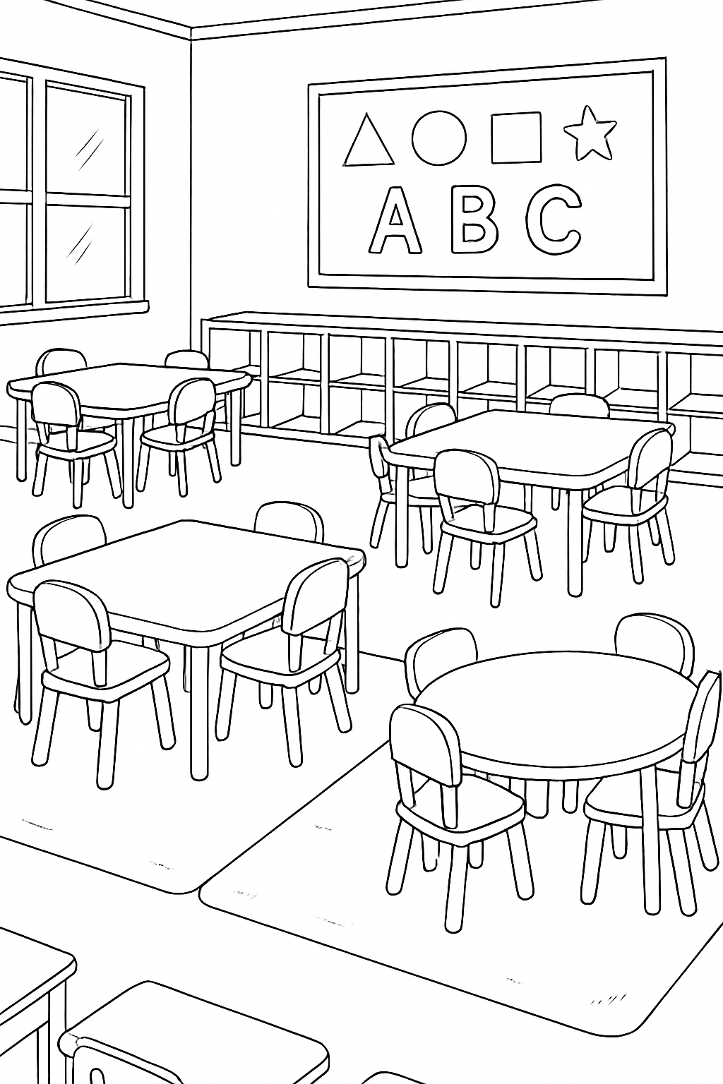 Minimalist Black and White Classroom Scene Line Drawing for Coloring Book Pages