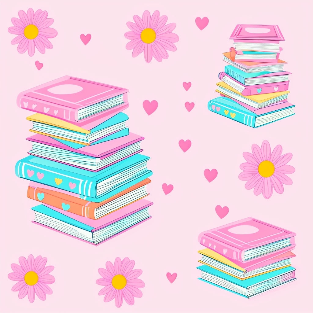 Colorful Whimsical Cartoon Book Stack and Daisy Pattern Seamless Pattern