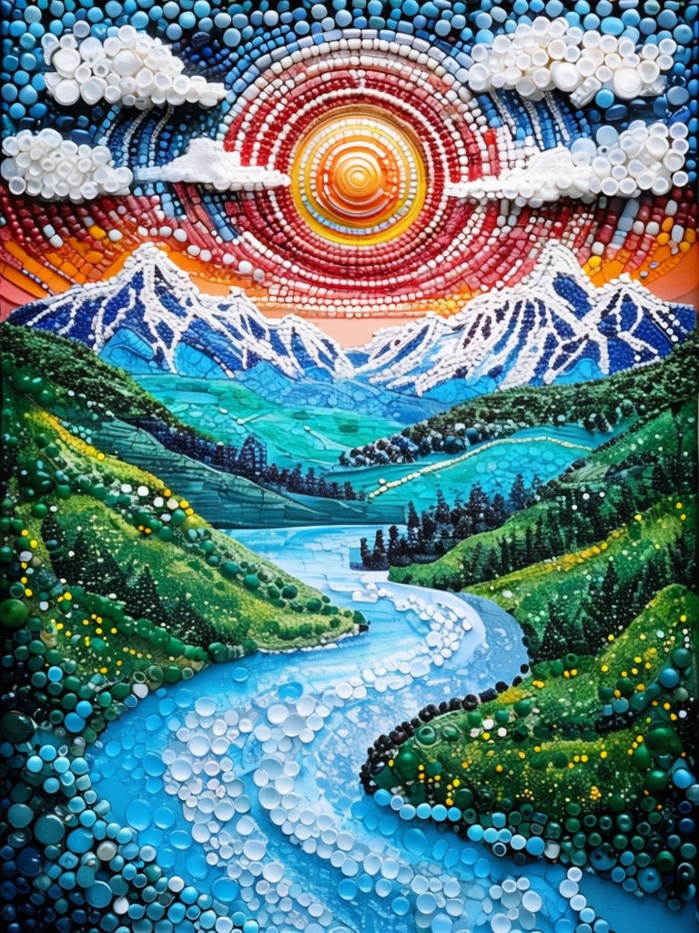 Vibrant Beadwork Landscape with River and Mountains Art