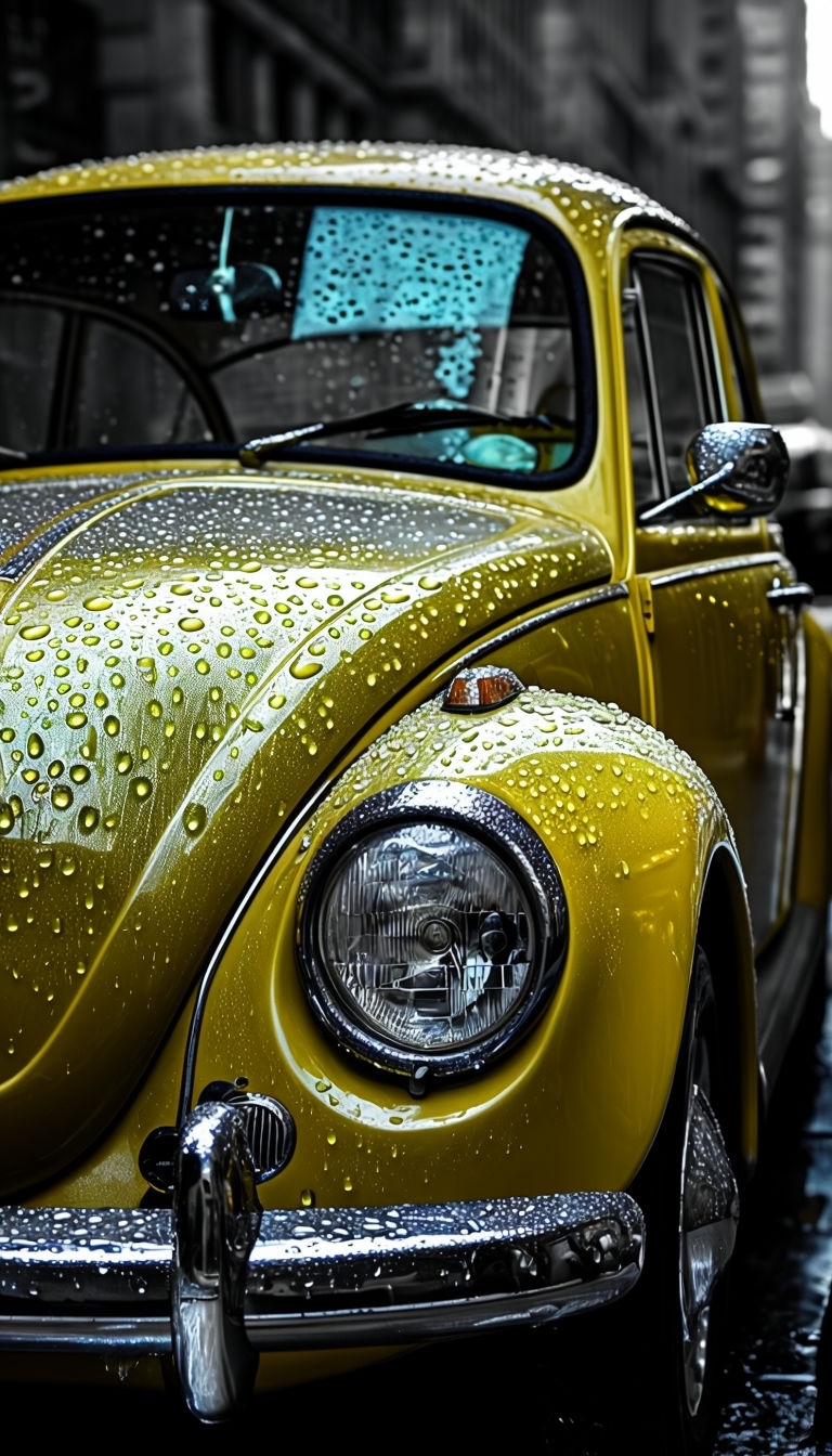 Vintage Yellow Volkswagen Beetle Close-Up Art in a City Background