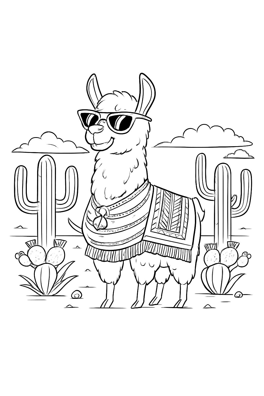 Whimsical Cartoon Llama in Desert with Cacti Coloring Book Page