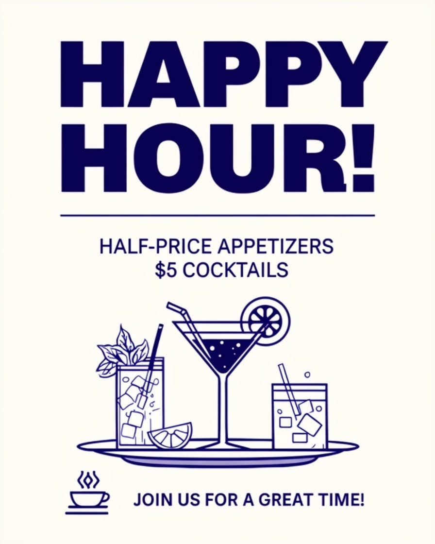 Minimalist Happy Hour Promotion Poster with Cocktails Illustration Ads
