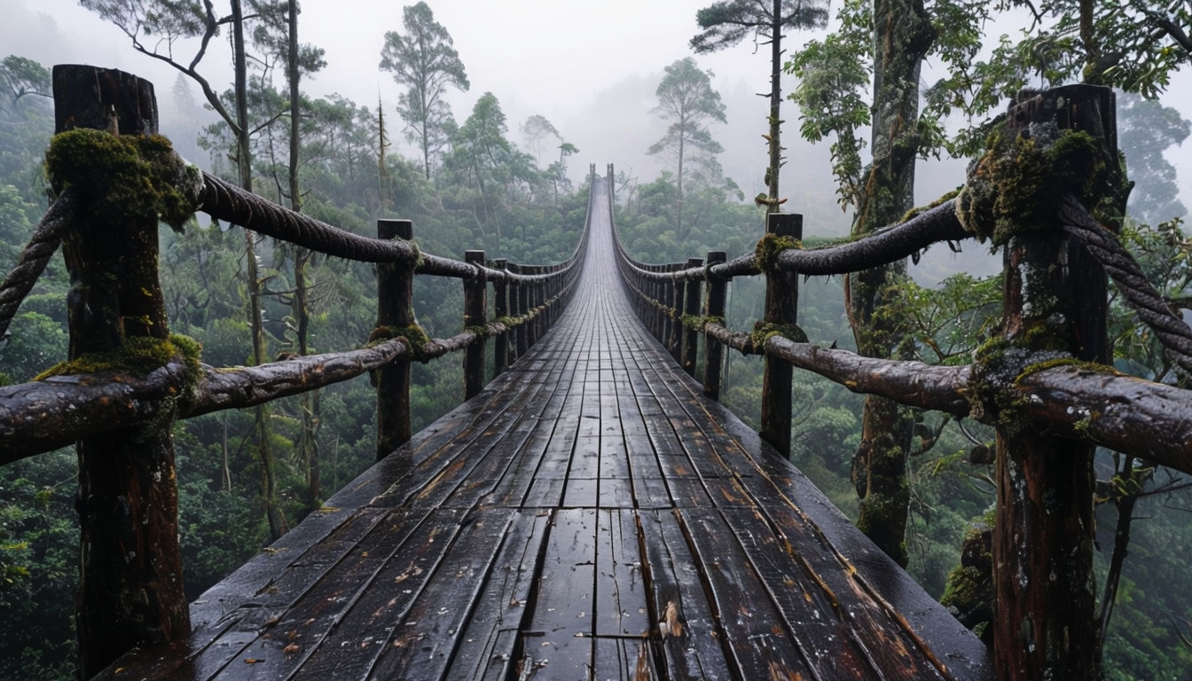 Misty Forest Wooden Suspension Bridge Virtual Background