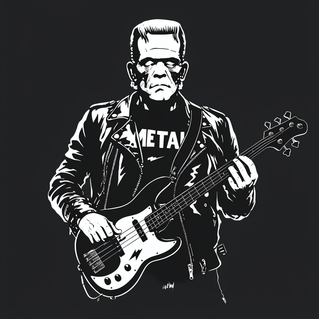 Frankenstein Monster with Bass Guitar Graphic T-shirt