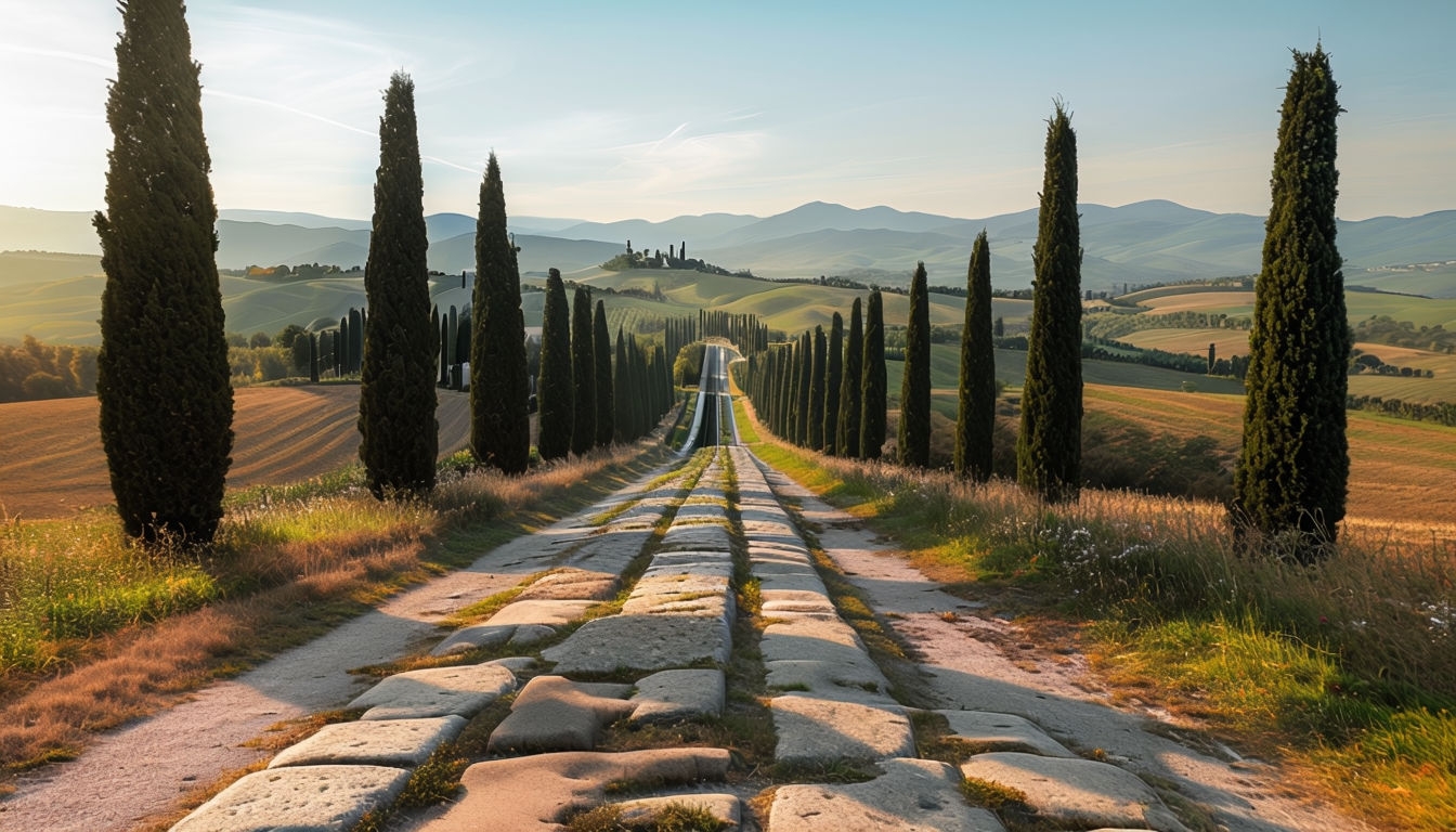 Ancient Roman Road Surrounded by Cypress Trees Background for Virtual Backgrounds