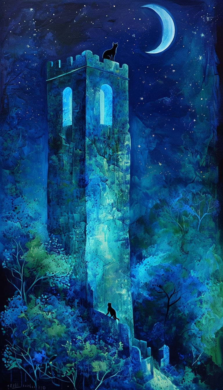 Mystical Night Scene with Ancient Tower and Cats Mobile Wallpaper