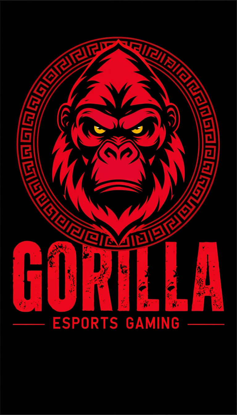 Bold Red Gorilla Head Esports Gaming Poster with Greek Key Pattern