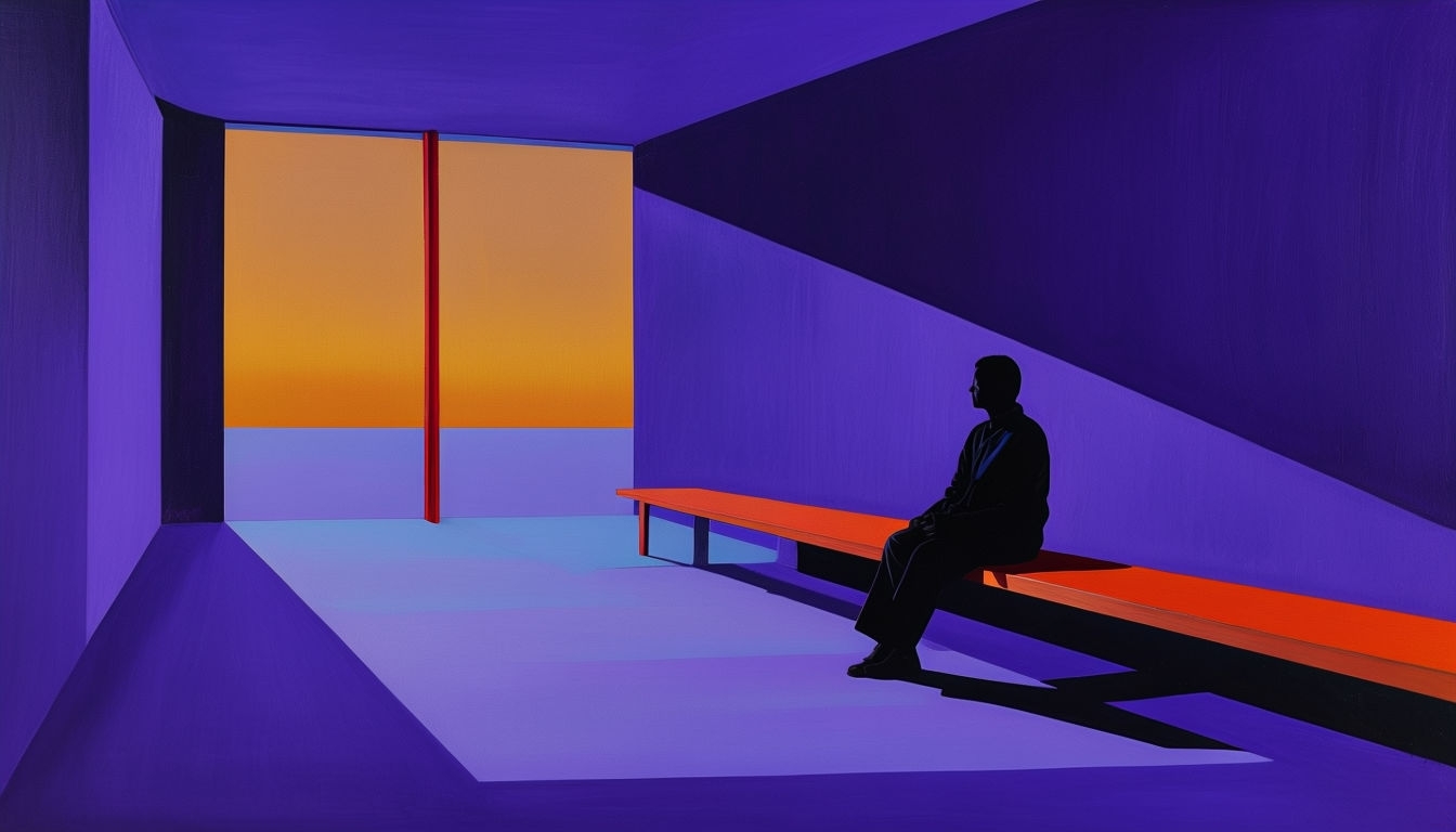 Contemplative Modernist Indoor Scene with Stark Color Contrasts Art