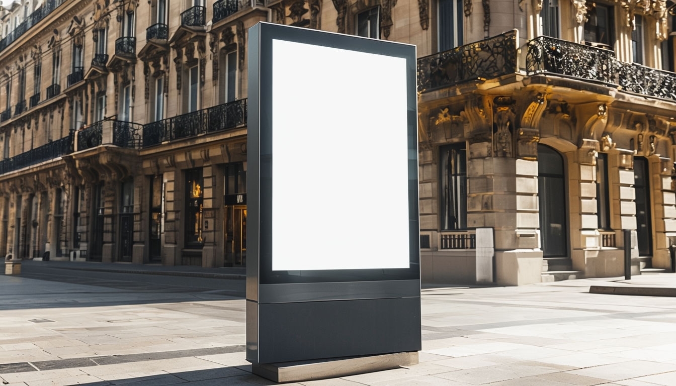 Modern Urban Digital Advertising Kiosk Mockup in Historical Setting Mockups