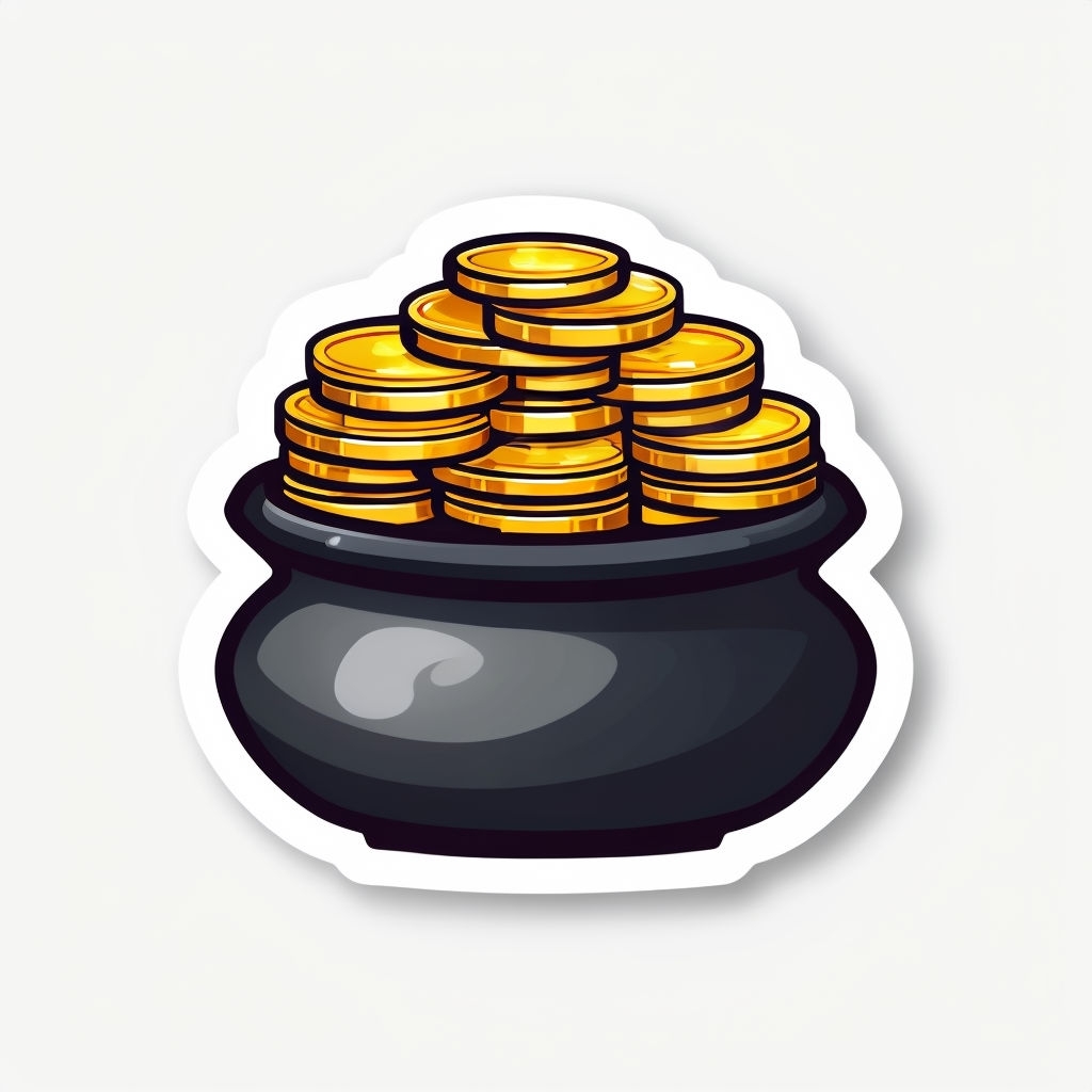 Black Pot Filled with Shiny Golden Coins Cartoon Sticker