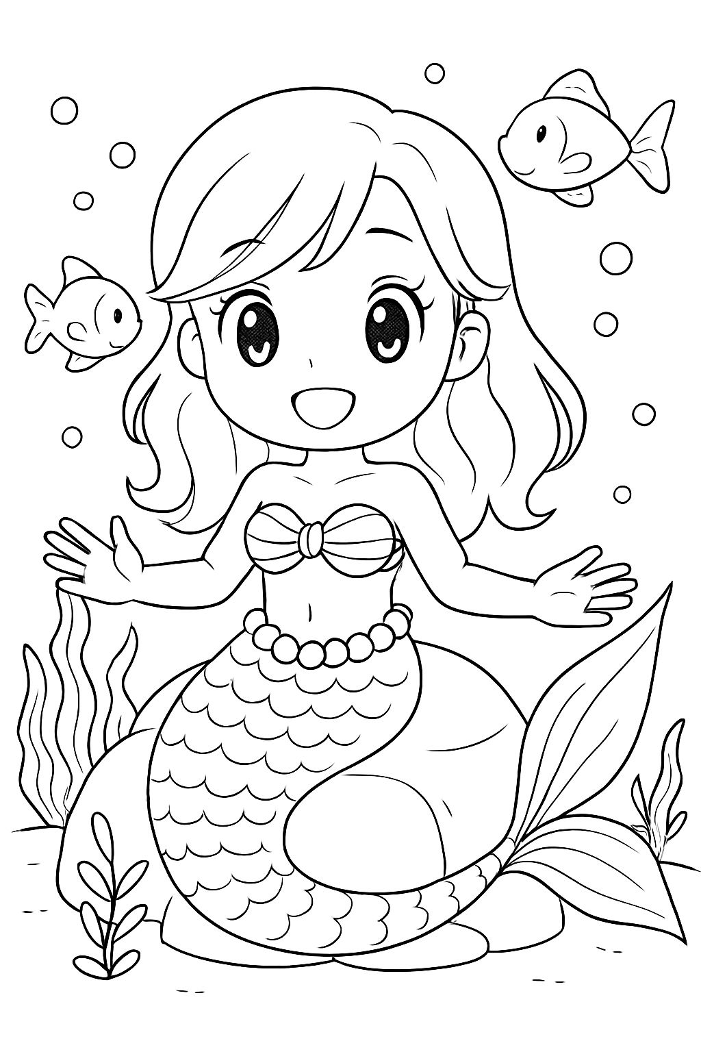 Cheerful Cartoon Mermaid with Fish and Bubbles Coloring Page