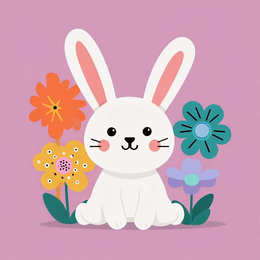 Cheerful Cartoon Bunny Among Colorful Flowers T-Shirt