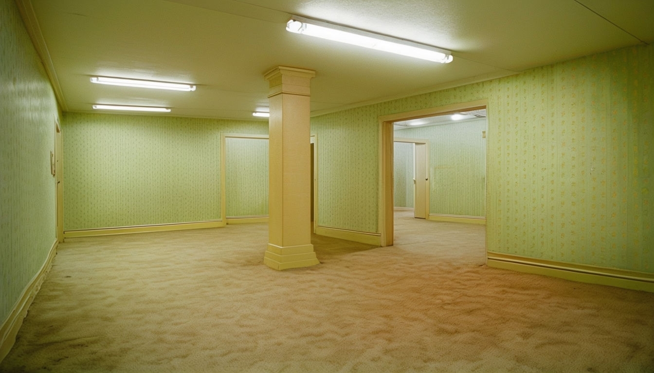 Symmetrical Indoor Corridor with Light Lime Green Wallpaper Background