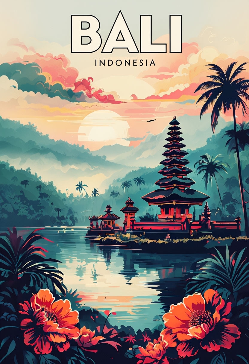 Vibrant Bali Indonesia Sunset Landscape Art Poster