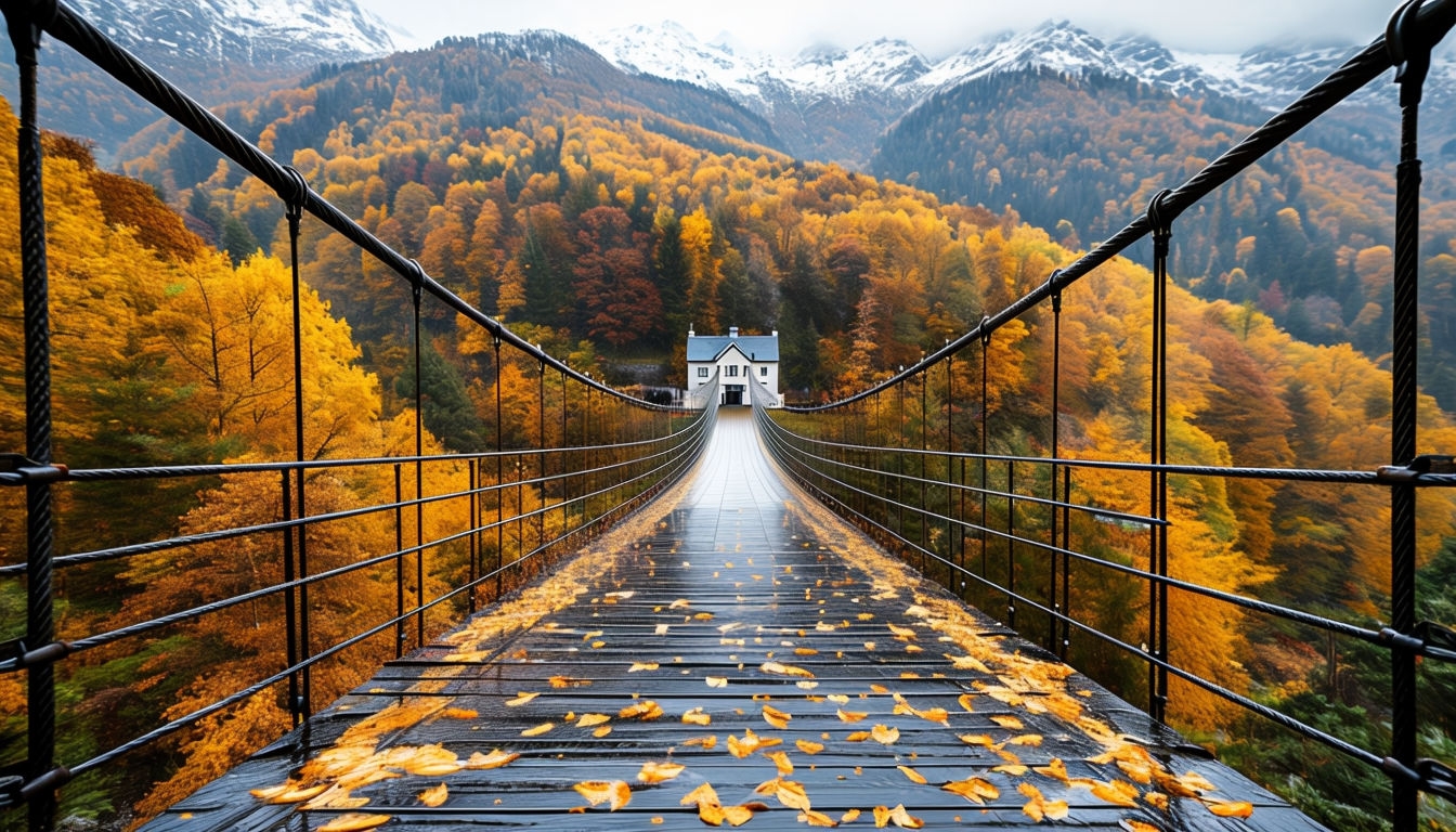 Dramatic Autumn Suspension Bridge Landscape Art Poster