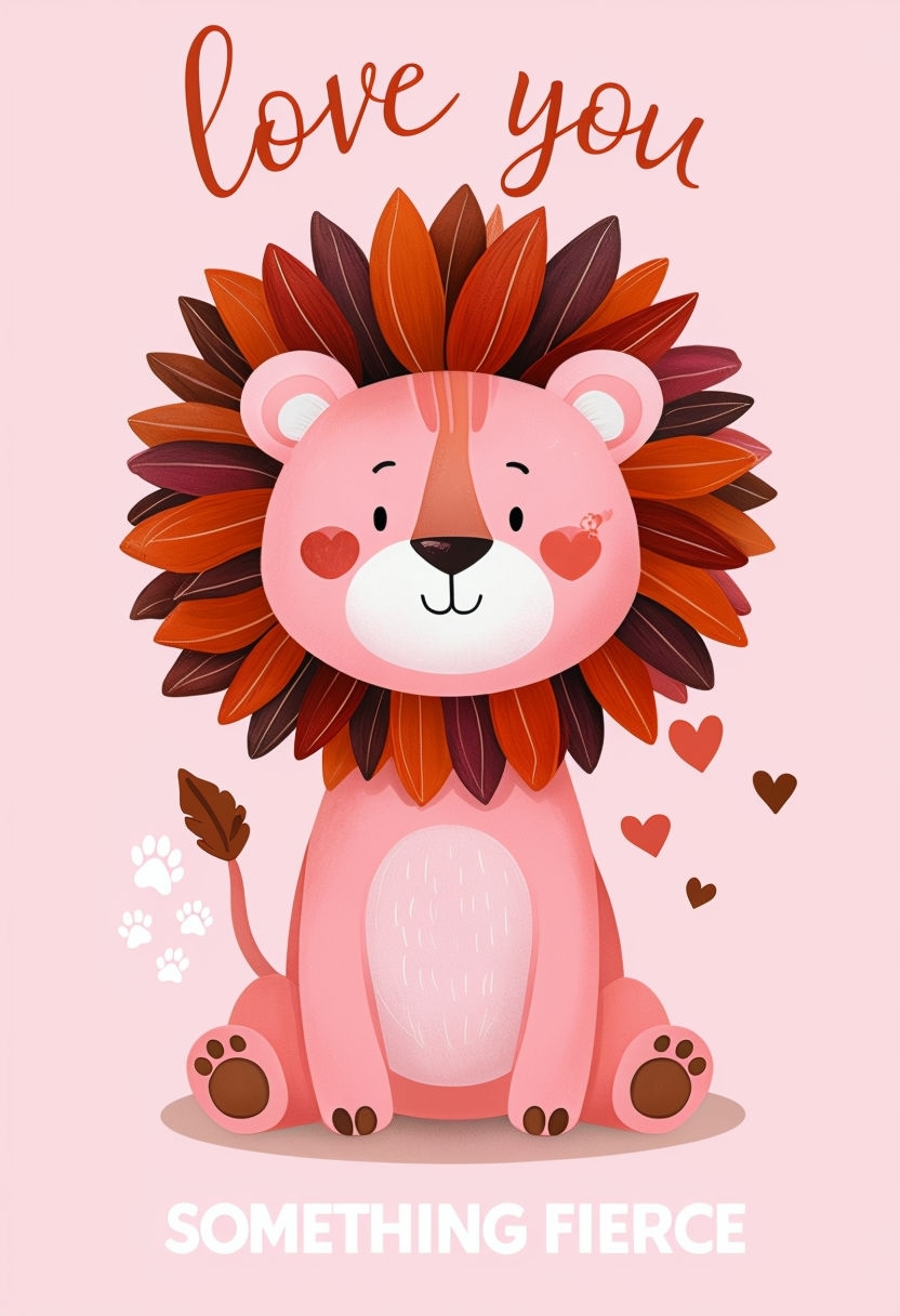 Cute Pink Lion Love You Illustration for Kids' Cards & Invites