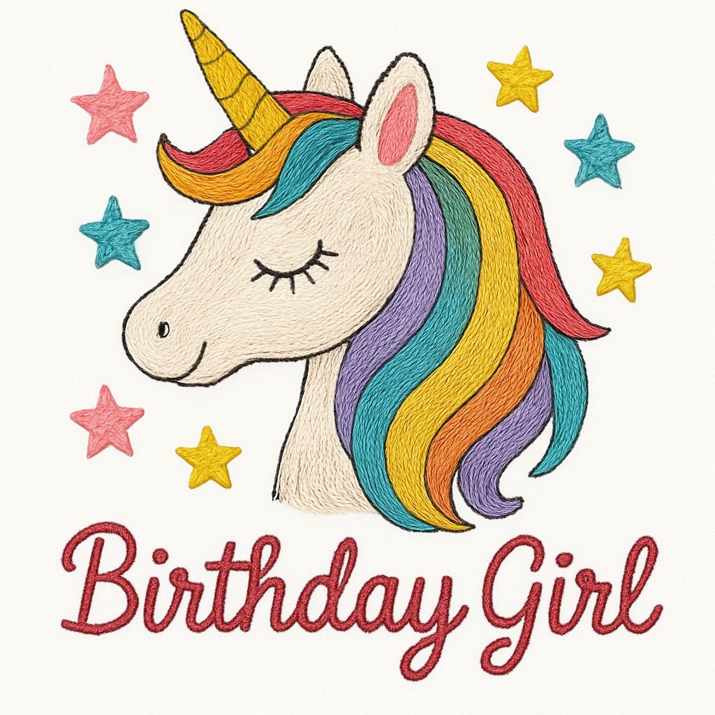 Whimsical Unicorn with Rainbow Mane and Birthday Girl Text T-shirt