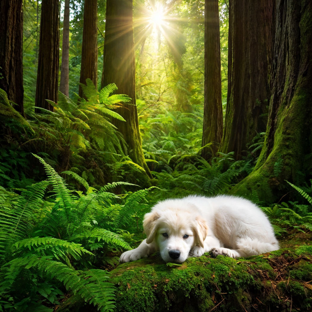 A cute big eyes puppy in the kennel in the forest with green trees Playground