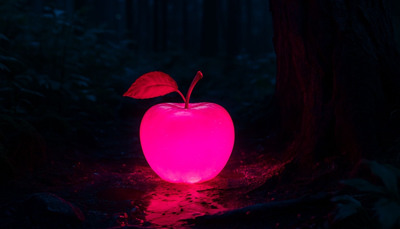 Glowing Neon Pink Apple in Dark Forest Night Scene Background