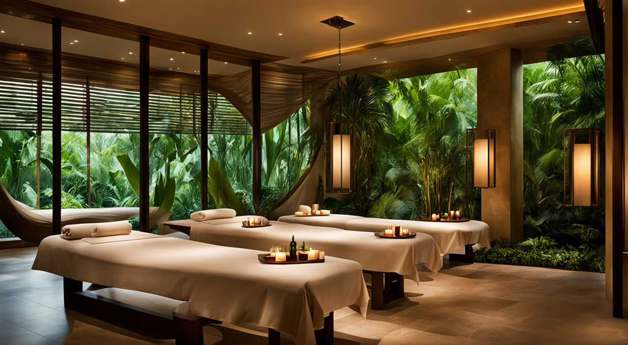  Interior of an ultra-luxurious spa center, serene ambiance, clusters of candles flickering softly on marble tables, diffusers releasing a subtle mix of earthy and floral essences, lush greenery draping walls, hammocks gently swaying in a tranquil corner, advanced therapeutic equipment partially visible, natural light filtering through sheer fabric canopies, soft ambient music whispering in the air, space bathed in pastel