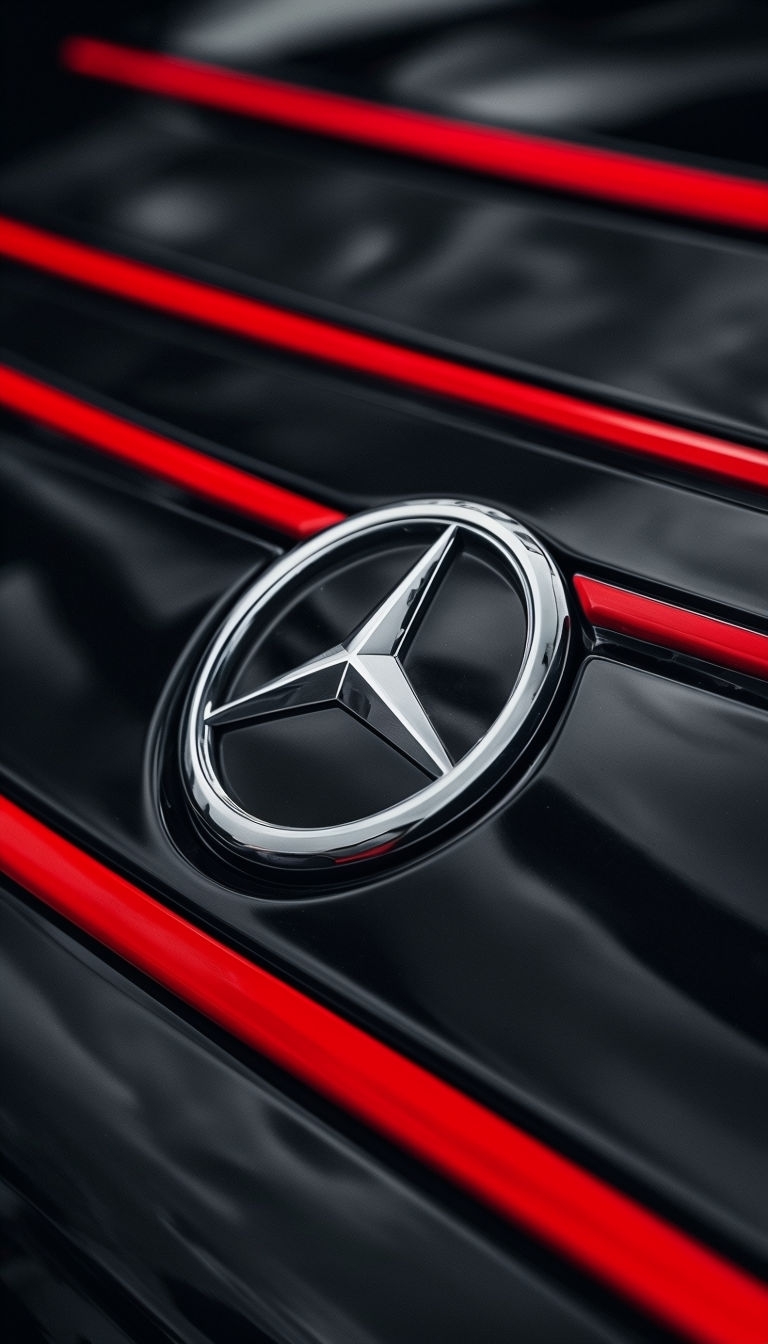 Elegant Mercedes-Benz Logo on Glossy Black Vehicle Mobile Wallpaper