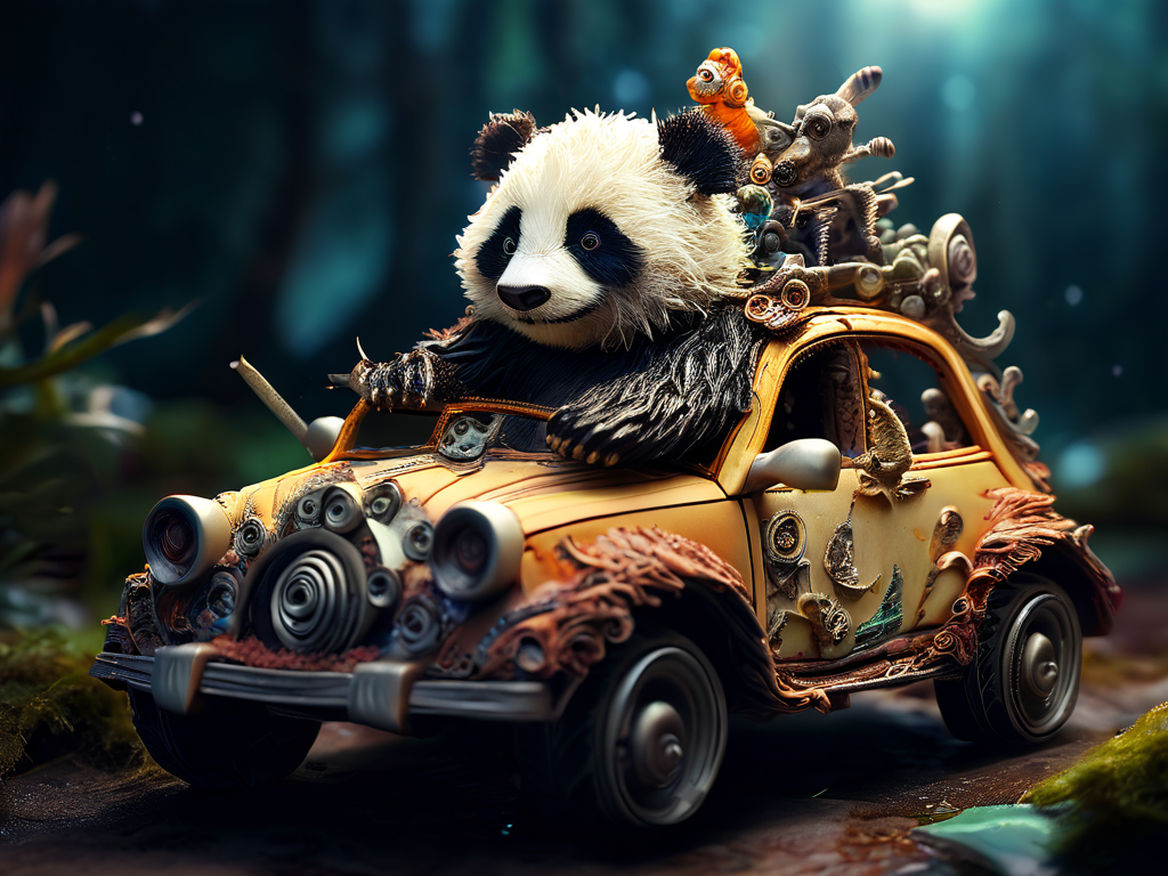 Tiny creature on the shoulder of a big panda driving a car b... by ...