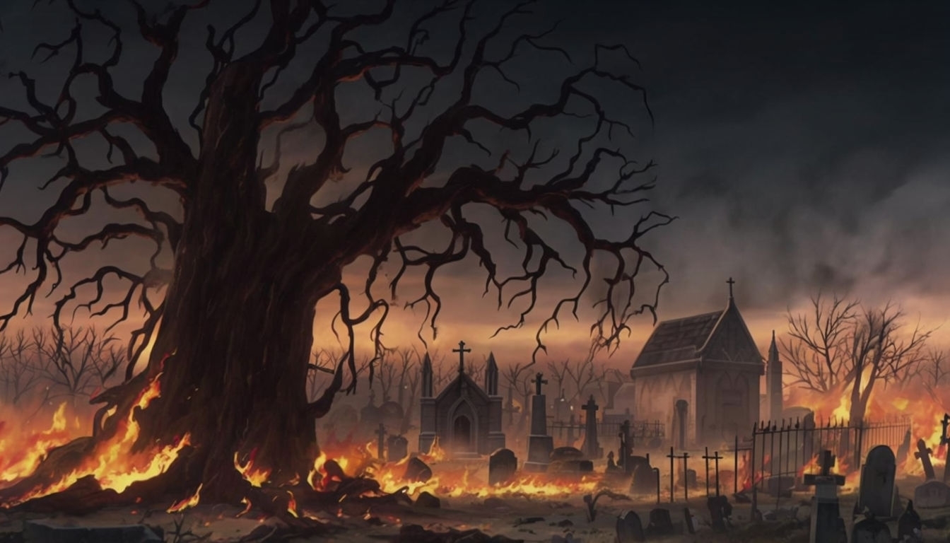 Catastrophic Fiery Landscape with Gothic Structures Background Virtual Backgrounds