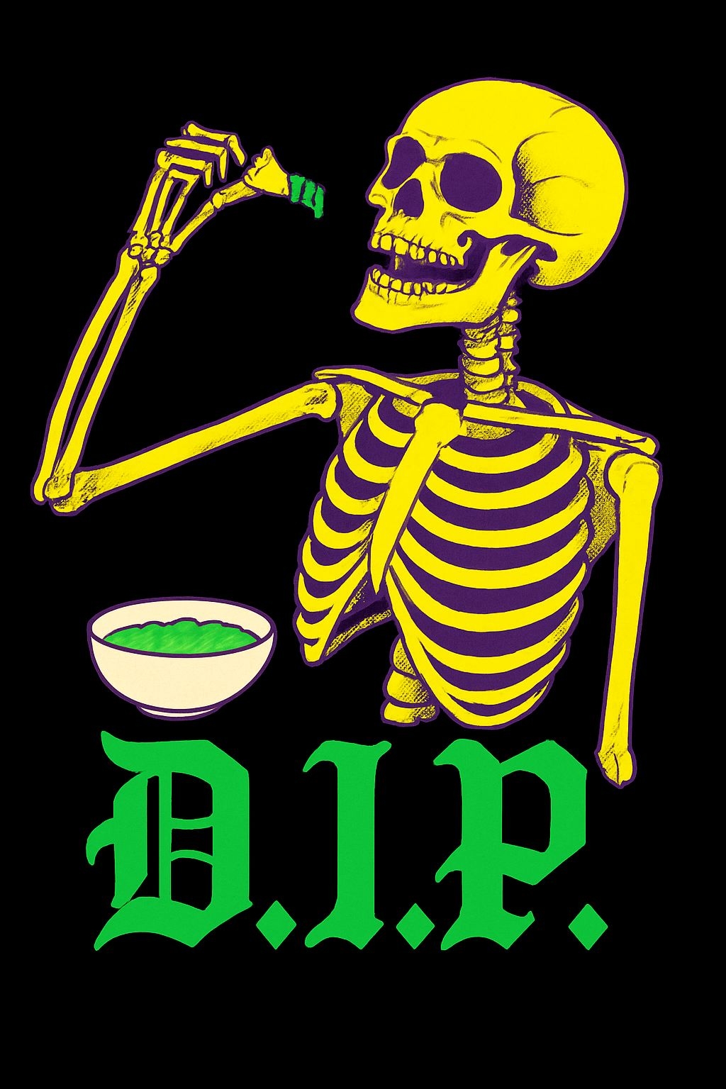 Vibrant Yellow Skeleton with Green Dip and Gothic Text Poster