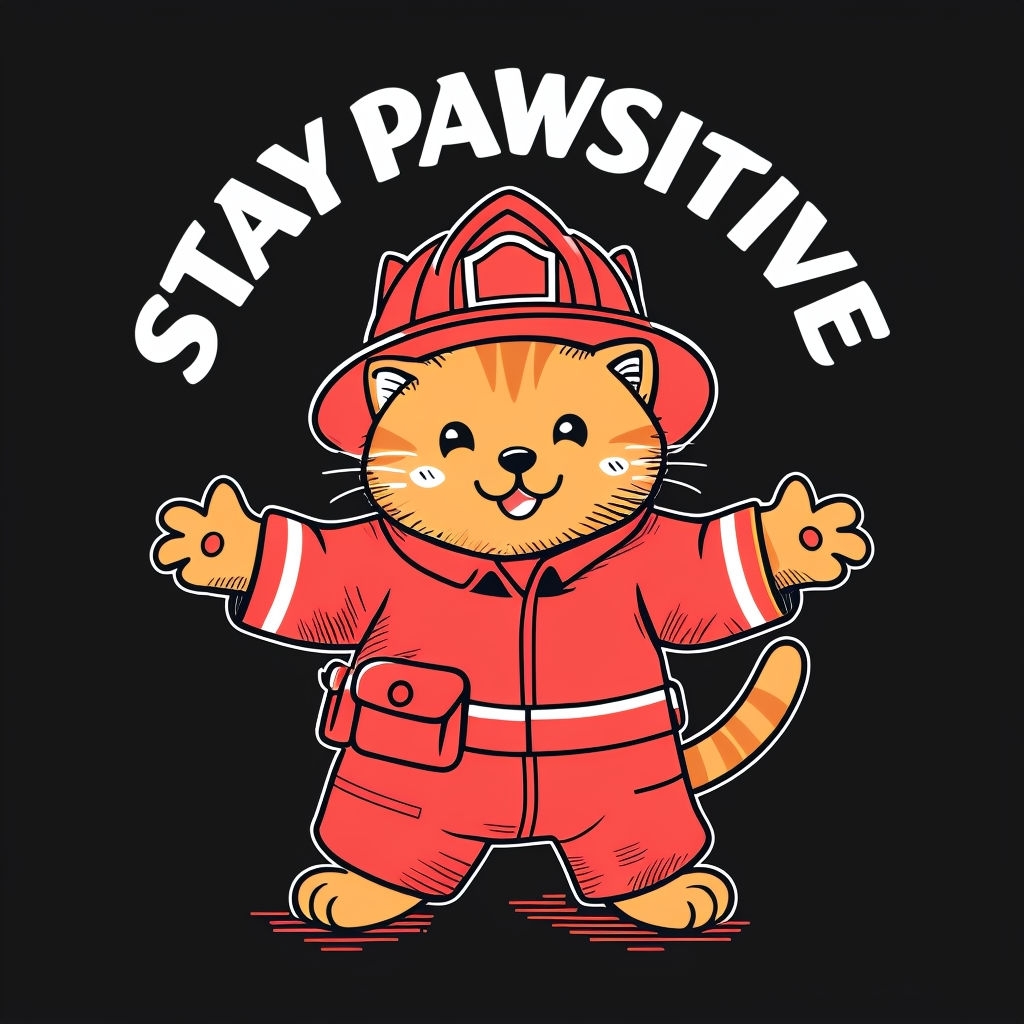 Cheerful Cat in Fireman Suit with 'Stay Pawsitive' Phrase Art