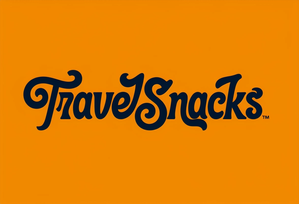 Playful TravelSnacks Logo in Navy Blue on Vibrant Orange Background Logo