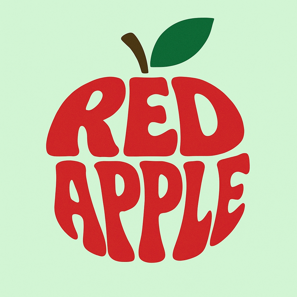 Playful Retro Red Apple Logo on Mint Green Background