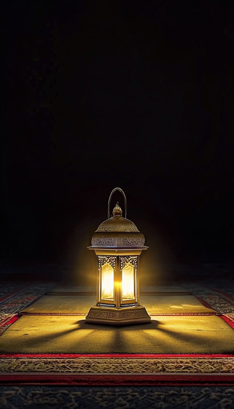 Golden Lantern Illuminating Prayer Rug in Dark Room Wallpaper