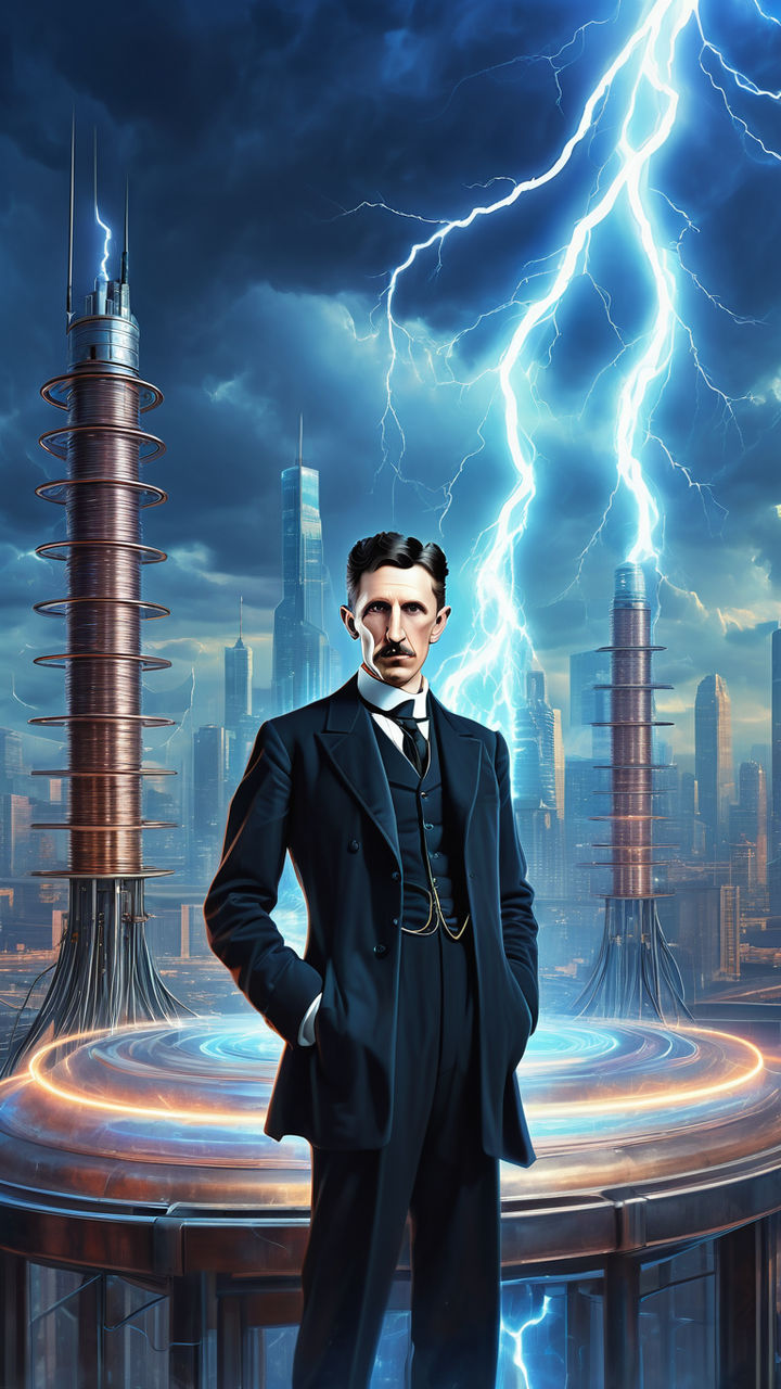 Nikola Tesla posed next to coils and a lightning machine by Joseph ...