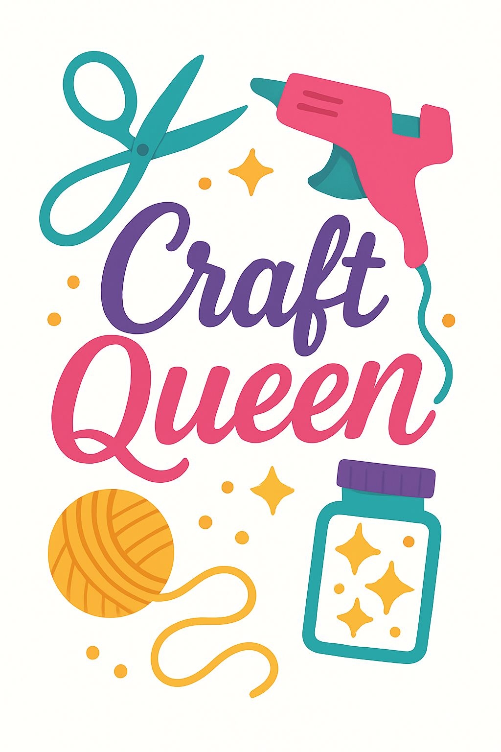 Vibrant Craft Queen Illustration with Scissors and Glue Gun Card