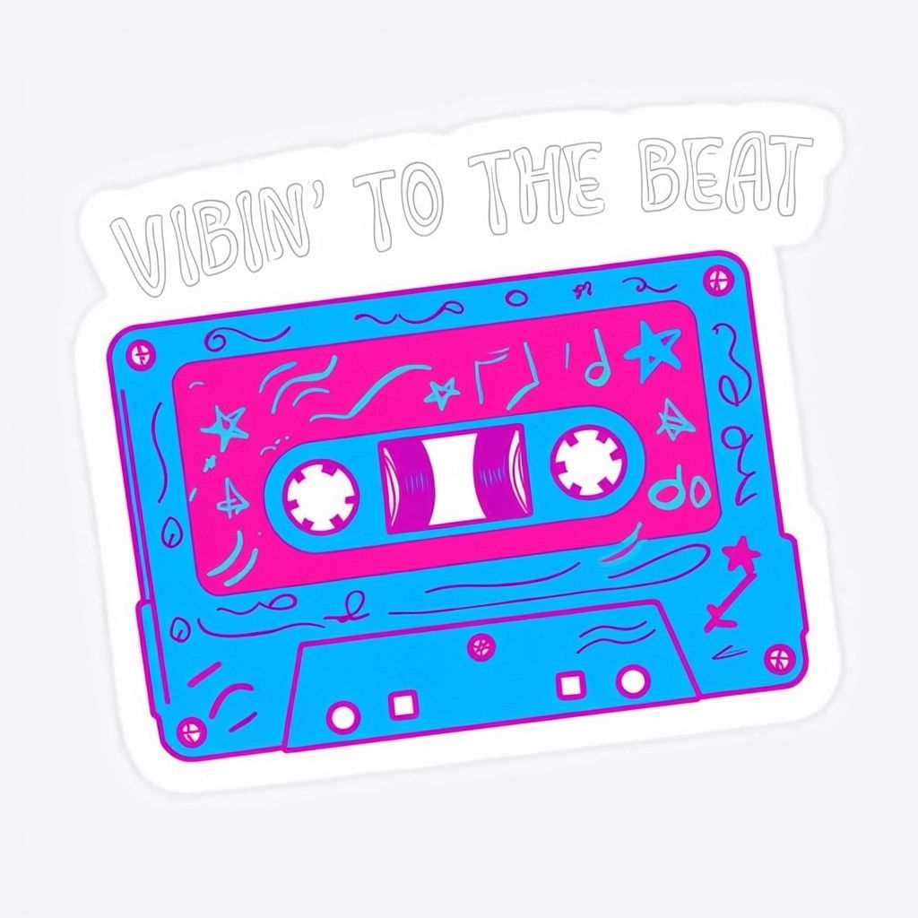 Vibrant Retro Cassette Tape Sticker with Fun Doodles and 80s Typography