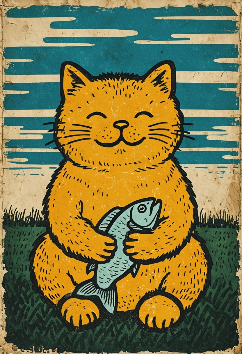 Vintage Cartoon Yellow Cat with Blue Fish Illustration Poster