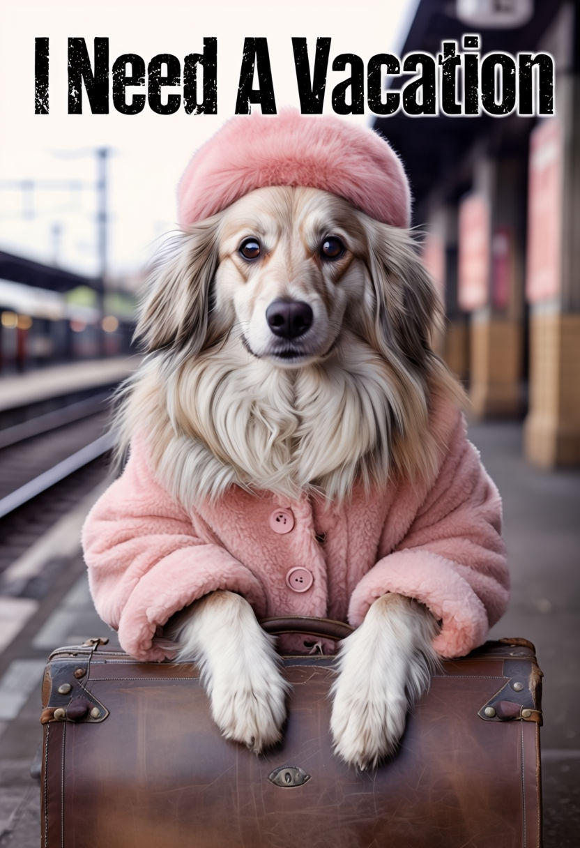 Fluffy Anthropomorphic Dog in Pink Coat with 'I Need A Vacation' Graphic Art Poster