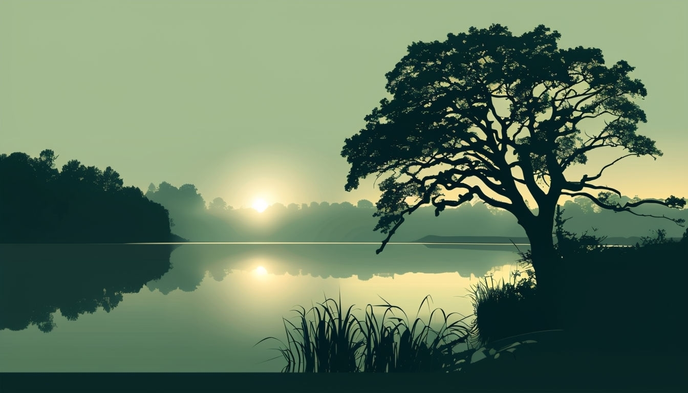 Tranquil Lakeside Dawn Silhouette Art for Peaceful Virtual Backgrounds
