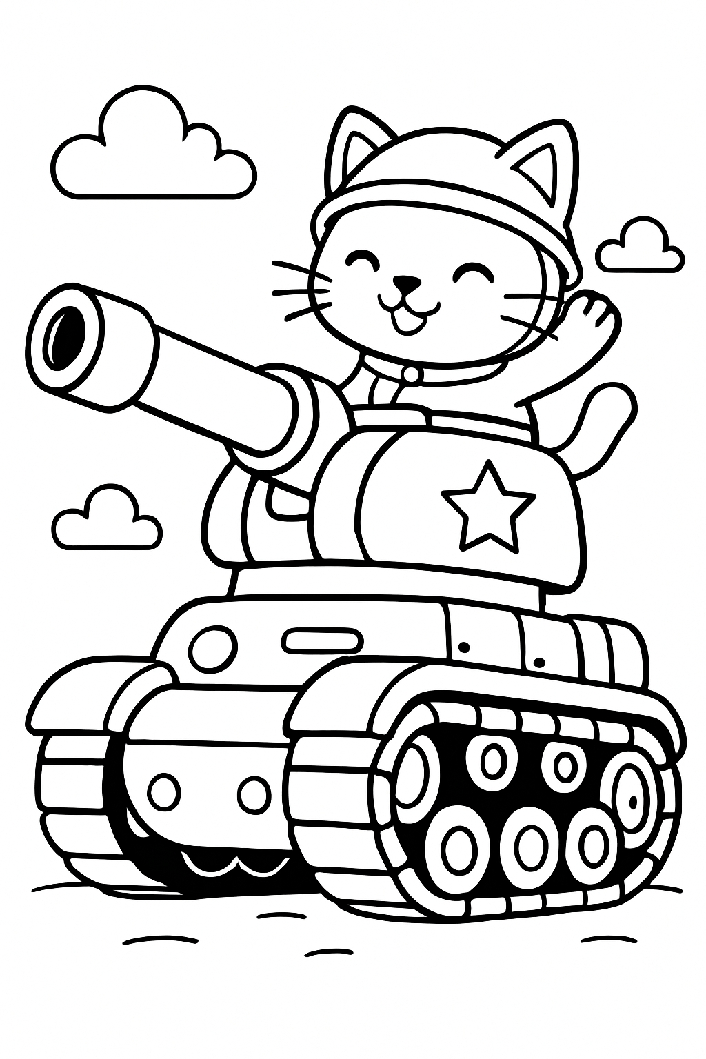 Playful Cartoon Cat Riding Tank Illustration Coloring Book Pages