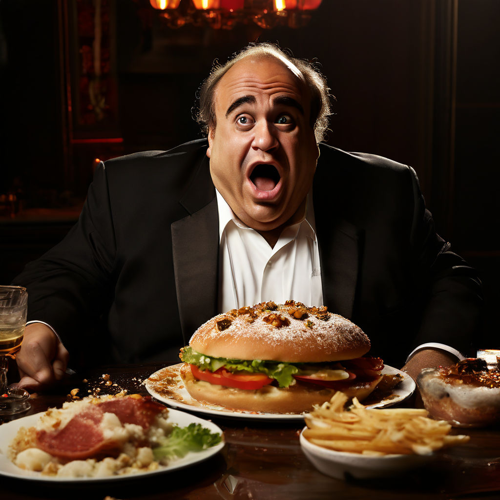 fat Italian gangster dressed in a suit and wearing a hat angry holding a  plate in his hand sitting at a table with spaghetti and meatballs