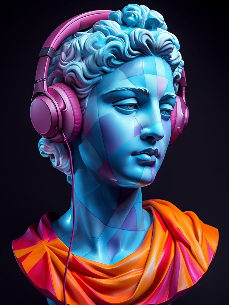 Colorful Classical Bust with Modern Headphones Digital Art