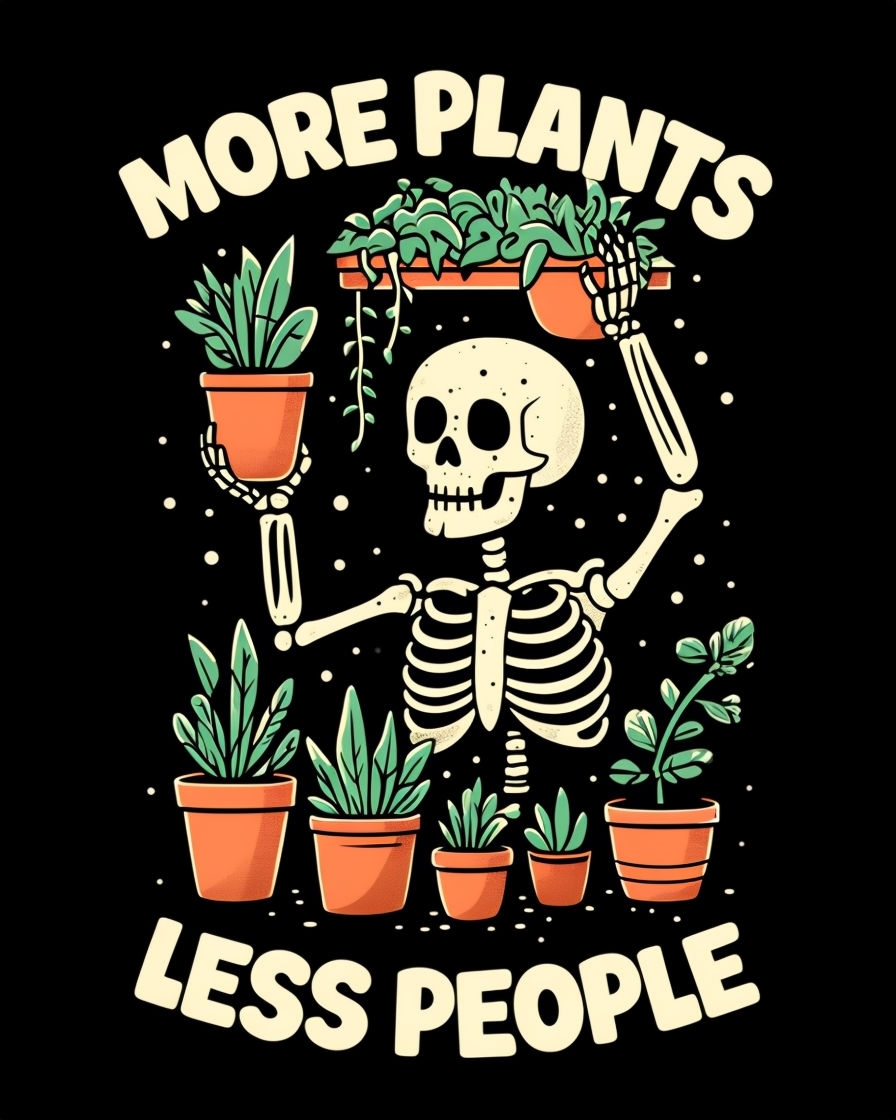 Whimsical Skeleton Surrounded by Potted Plants T-shirt