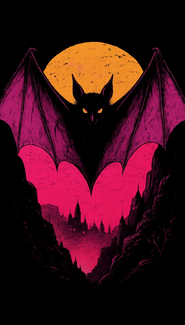 Striking Vintage Horror Bat with Gothic Cityscape Mobile Wallpaper