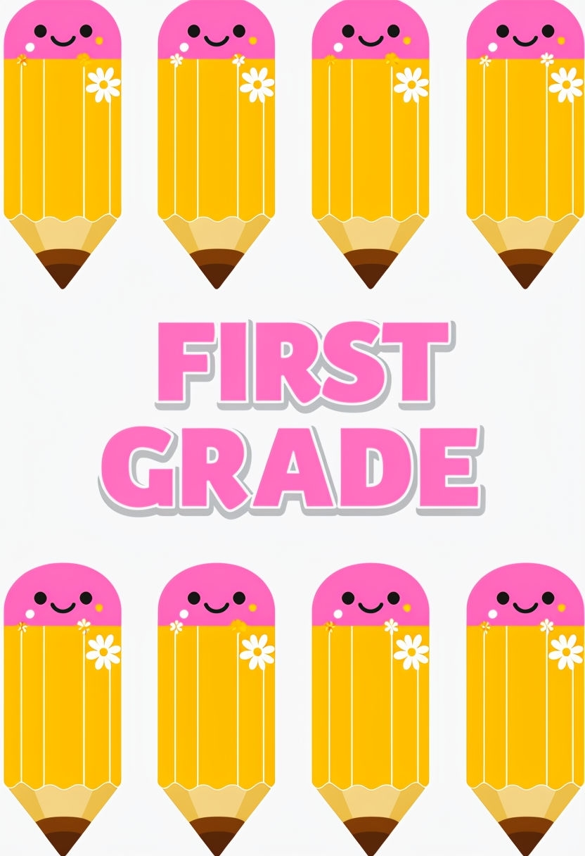 Cheerful First Grade Pencils Design with Playful Flowers Poster