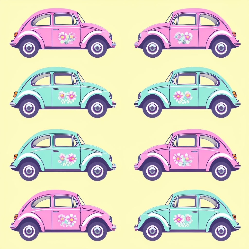 Whimsical Cartoon VW Bug Cars in Pastel Colors Pattern Seamless Patterns