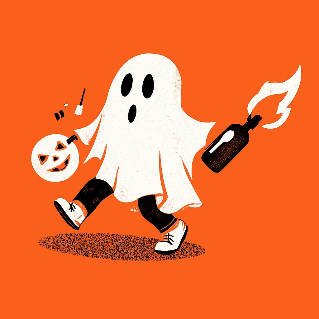 Cheerful Cartoon Ghost with Pumpkin and Flames Halloween Mug