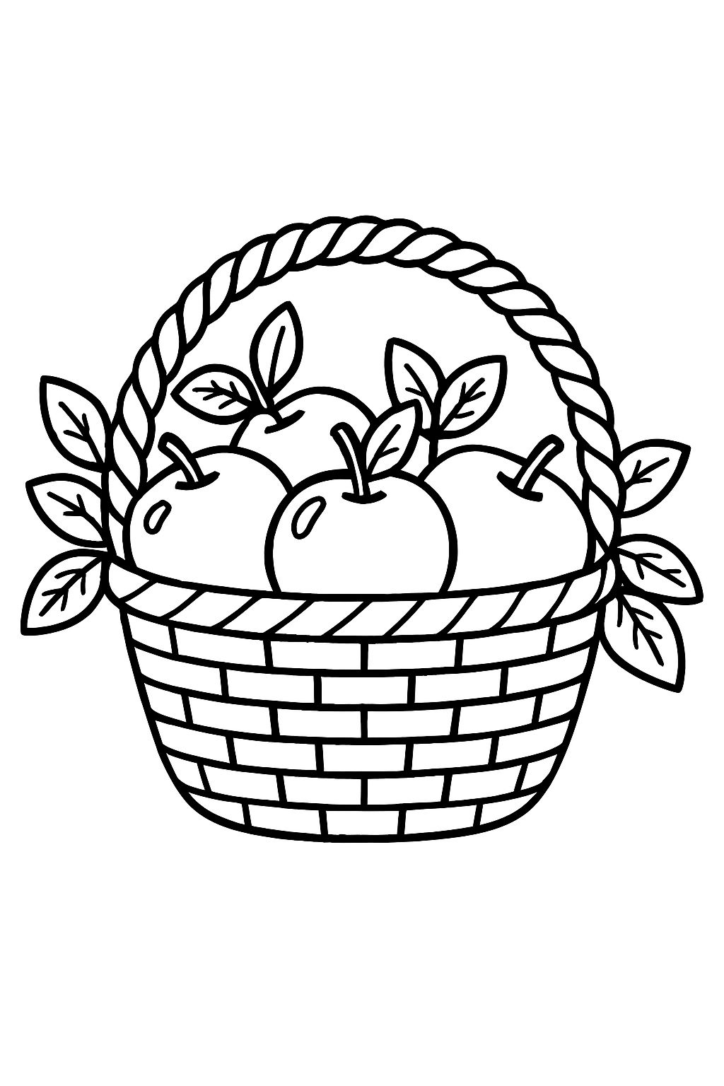 Woven Basket with Apples and Leaves Line Art Coloring Page