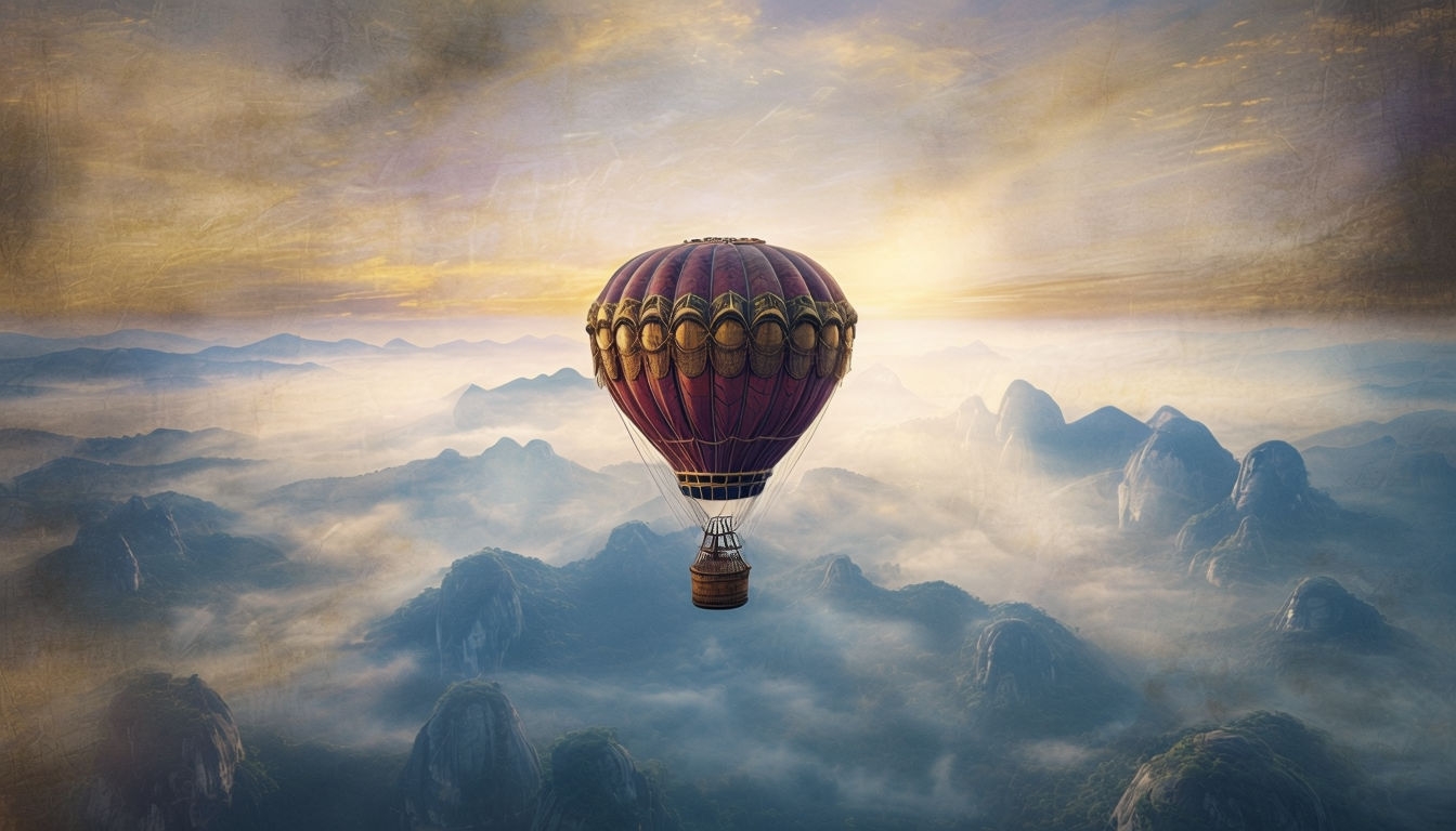 Majestic Hot Air Balloon Over Misty Mountains Virtual Background