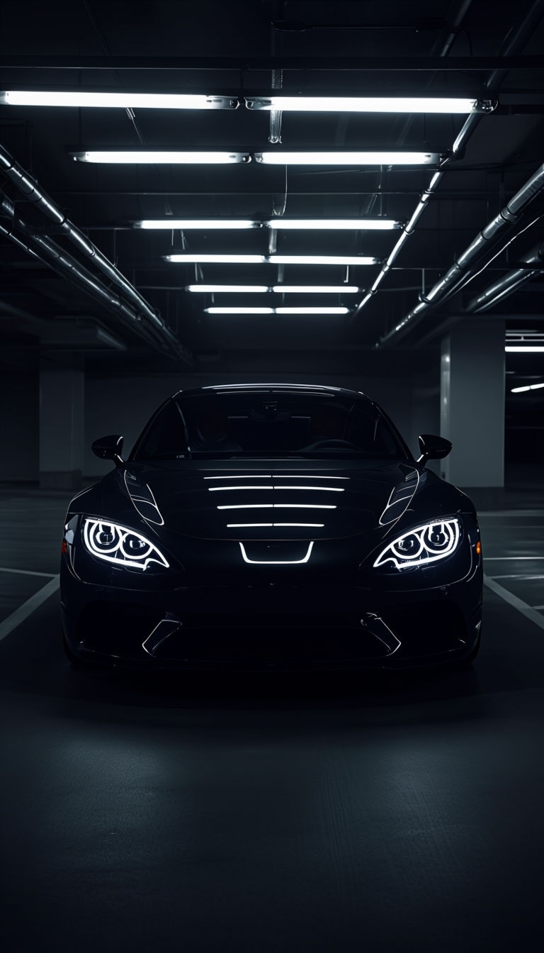 Sleek Black Luxury Car in Dimly Lit Garage Mobile Wallpaper